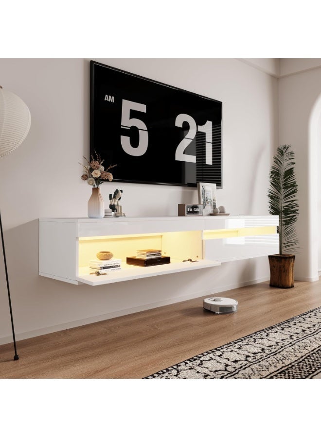 CityRiya-Long Floating TV Stand, 160cm TV Table, Wall Mounted Tv Shelf with Led Lights, Entertainment Center Media Console Table with Storage for Living Room, TV Cabinet for 65/75/80 inch Television (White) - Image 1